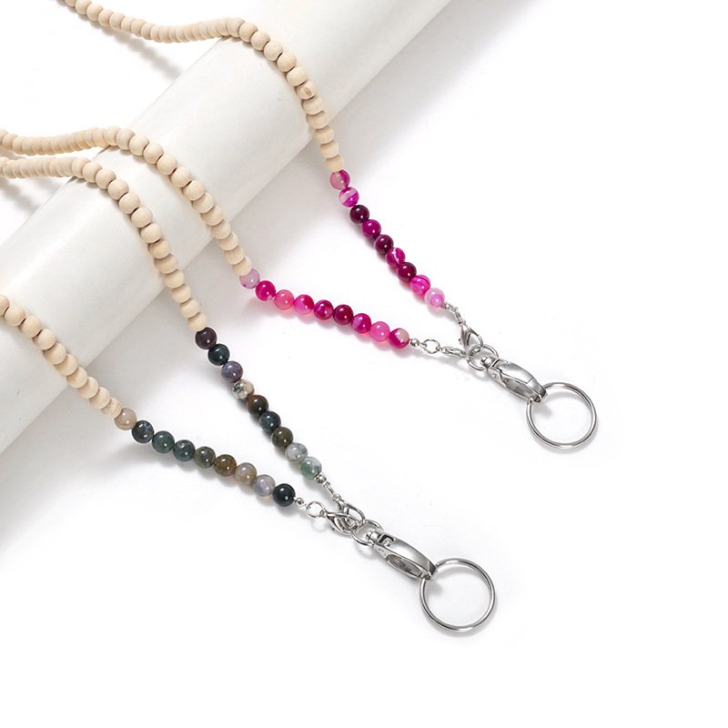 Low price colored stone and wood beads lanyard necklace mobile phone key work card easy to pull buckle lanyard necklace