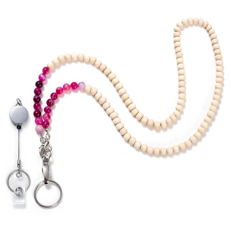 Low price colored stone and wood beads lanyard necklace mobile phone key work card easy to pull buckle lanyard necklace