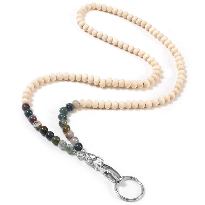 Low price colored stone and wood beads lanyard necklace mobile phone key work card easy to pull buckle lanyard necklace