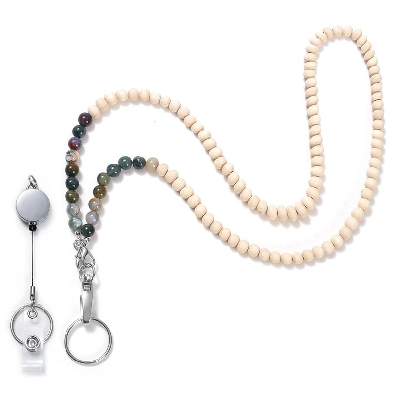 Low price colored stone and wood beads lanyard necklace mobile phone key work card easy to pull buckle lanyard necklace