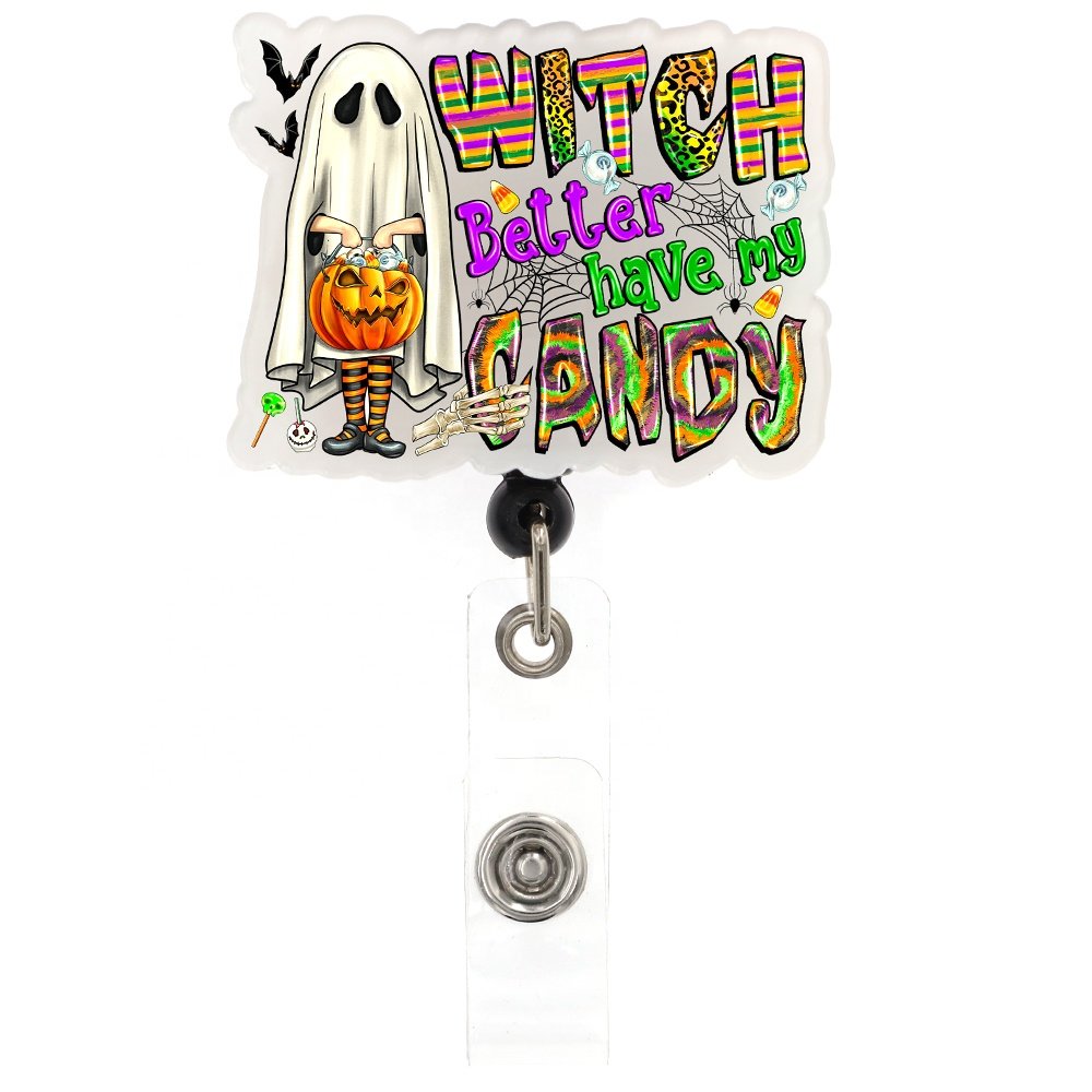 Mix Style Badge Holder Halloween Thanksgiving Pumpkin Witch Ghost Nurse Acrylic Retractable Plastic Badge Reel For Holiday Gift
