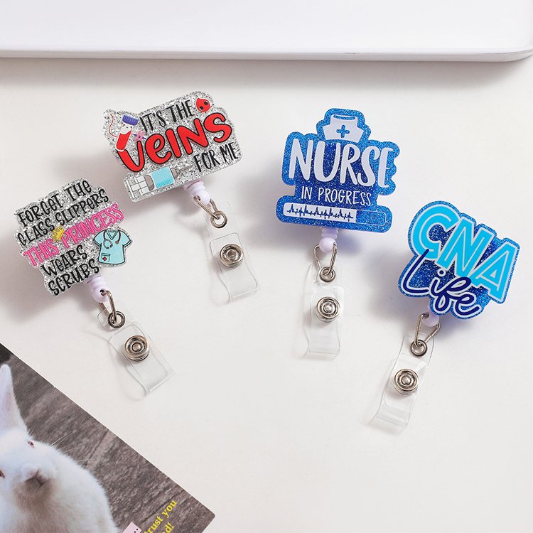 Shining Glitter Acrylic Badge Nurse Accessories ID Card Name Holder Retractable Plastic Badge Reel Badge Holder with Swivel Clip