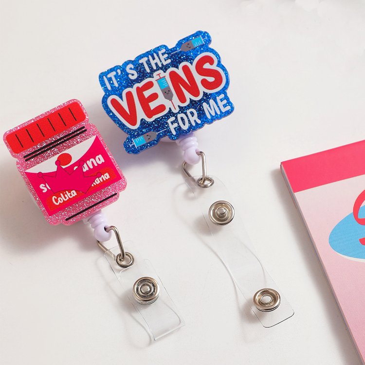 Shining Glitter Acrylic Badge Nurse Accessories ID Card Name Holder Retractable Plastic Badge Reel Badge Holder with Swivel Clip
