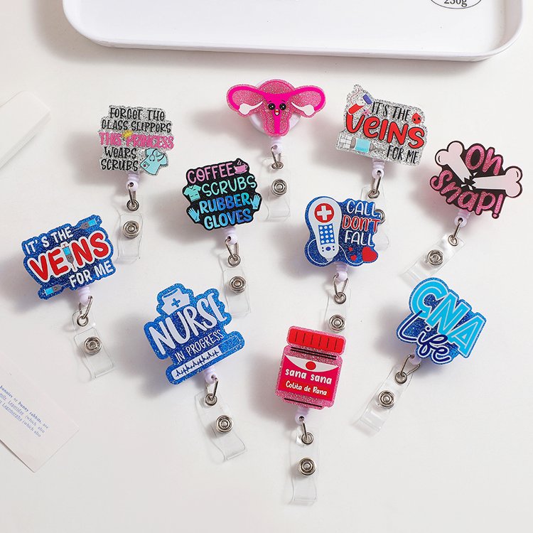 Shining Glitter Acrylic Badge Nurse Accessories ID Card Name Holder Retractable Plastic Badge Reel Badge Holder with Swivel Clip