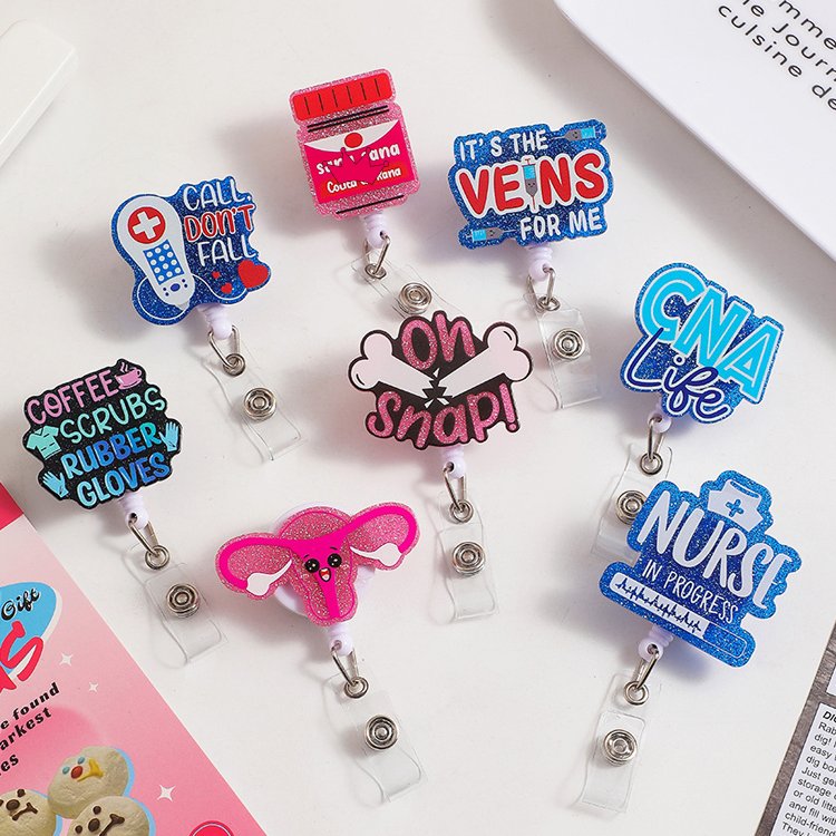 Shining Glitter Acrylic Badge Nurse Accessories ID Card Name Holder Retractable Plastic Badge Reel Badge Holder with Swivel Clip