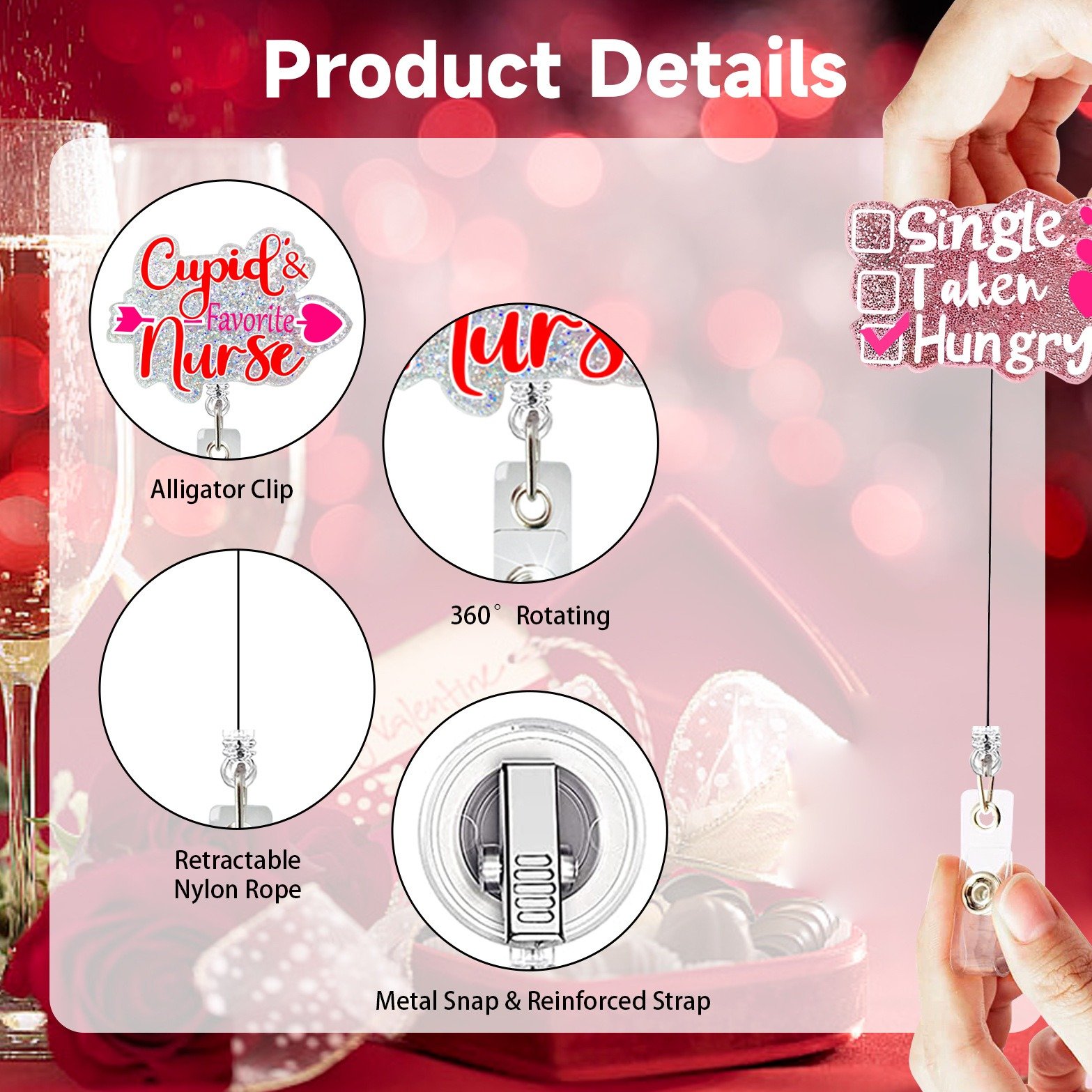 Design Badge Holder For Wedding Accessories Acrylic Valentine Day Keychain Valentine Gift Anti-Lost Clip Retractable Badge Reel