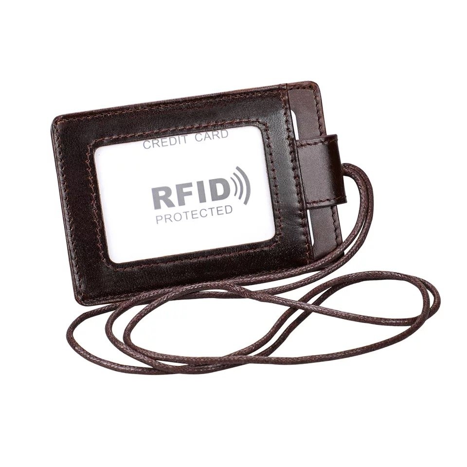 Real leather credit card wallet RFID blocking lanyard ID card holder