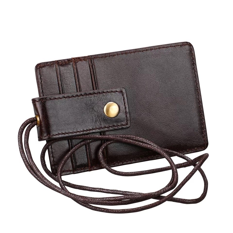 Real leather credit card wallet RFID blocking lanyard ID card holder