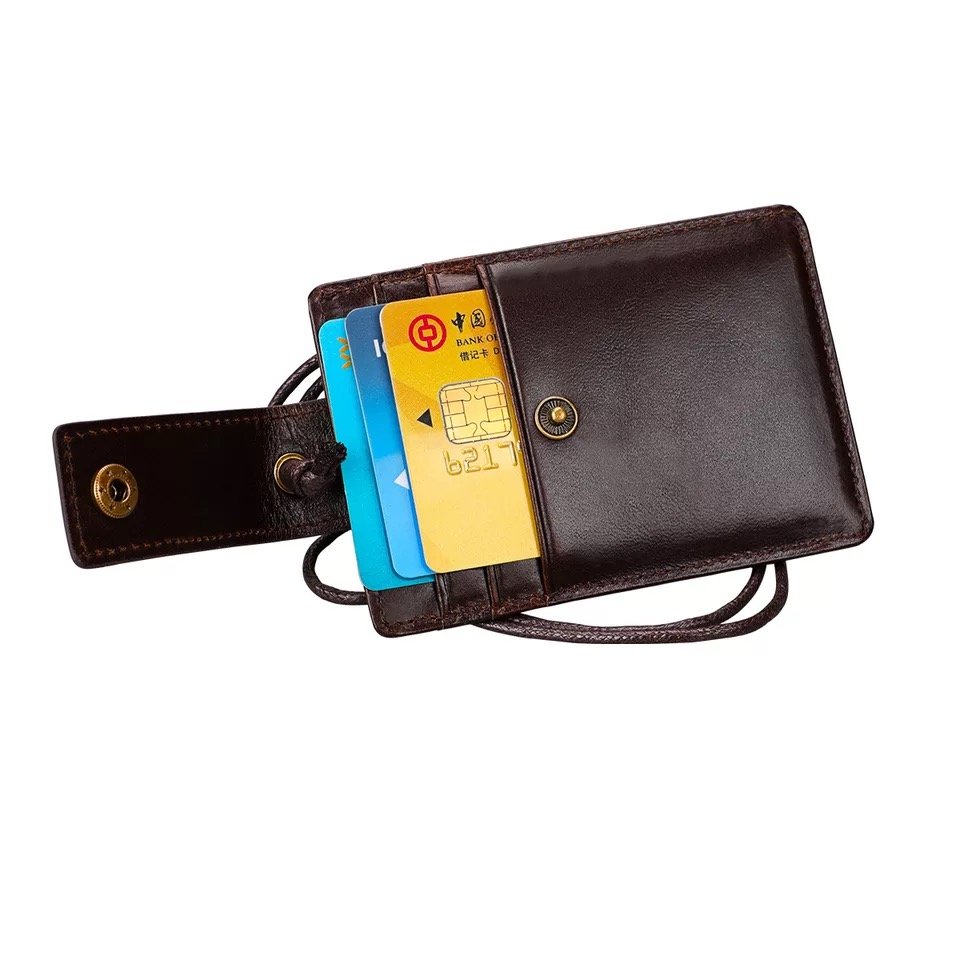 Real leather credit card wallet RFID blocking lanyard ID card holder