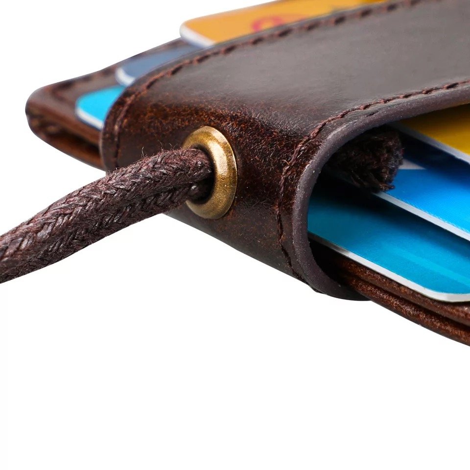 Real leather credit card wallet RFID blocking lanyard ID card holder