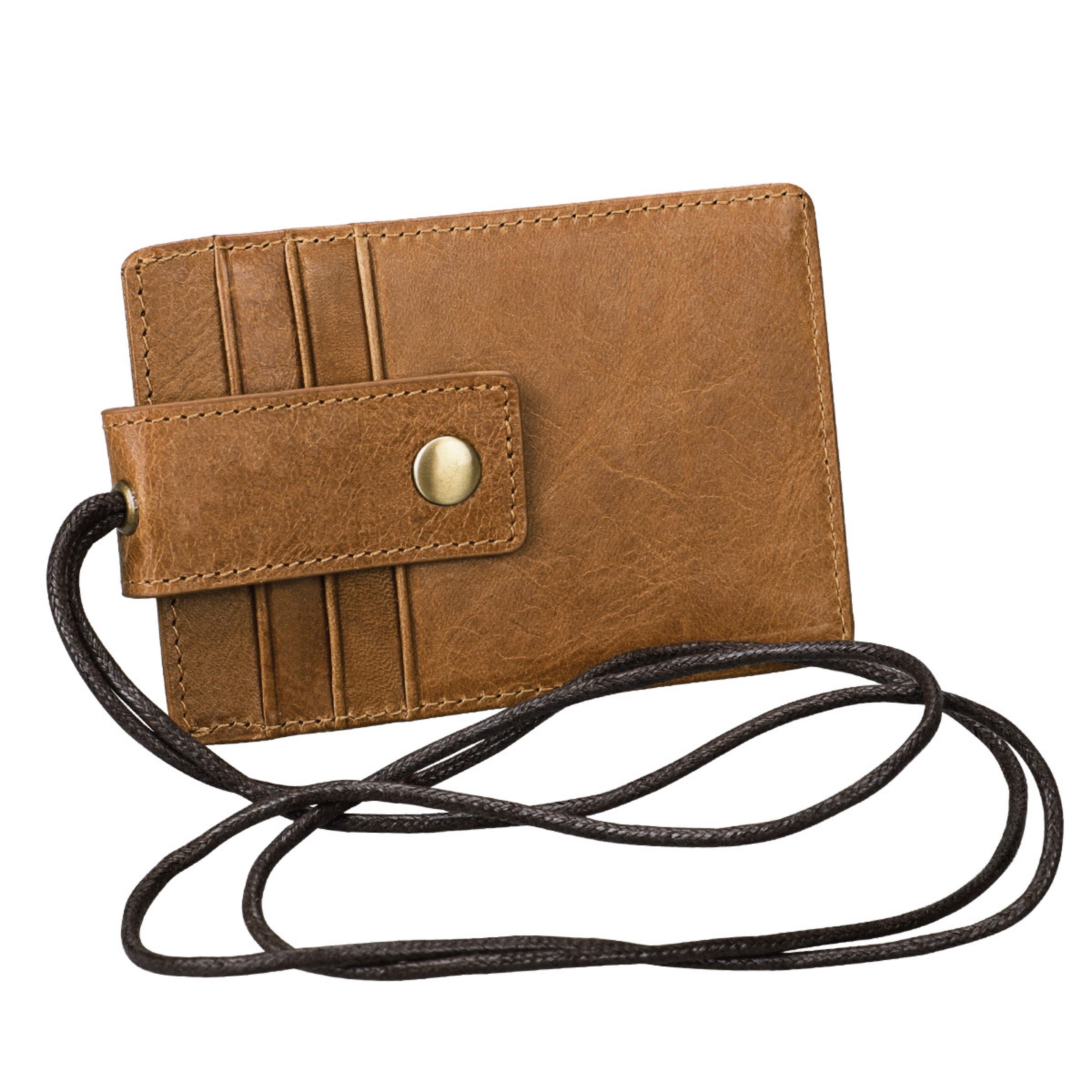 Real leather credit card wallet RFID blocking lanyard ID card holder