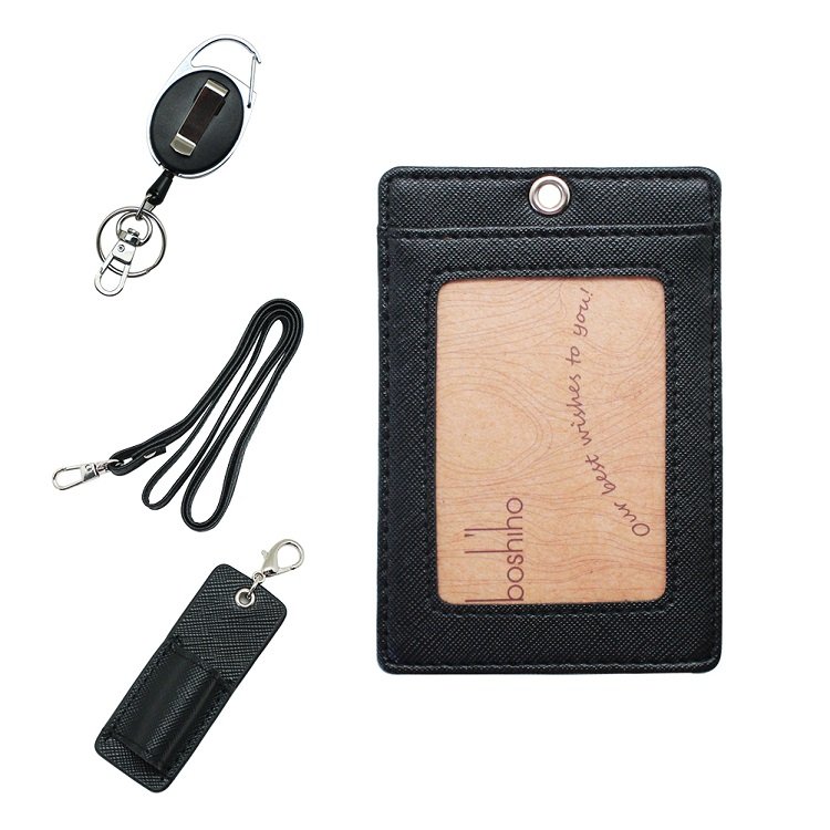 2024 Wholesale Custom Fashionable Pu Leather Name Id Card Badge Holder with Ribbon Lanyard