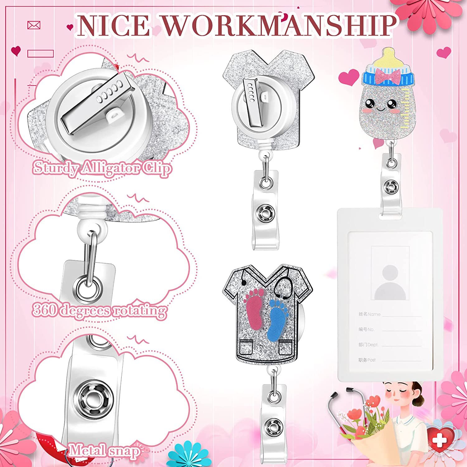 Acrylic Patch Plastic Retractable Badge Holder with Rotating Alligator Clip for Teachers Students Medical Staff ID Card Holder