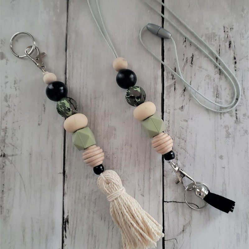 Personalized Teachers Nurse Lanyard kechain Wood Silicone Beaded macrame Keychain women