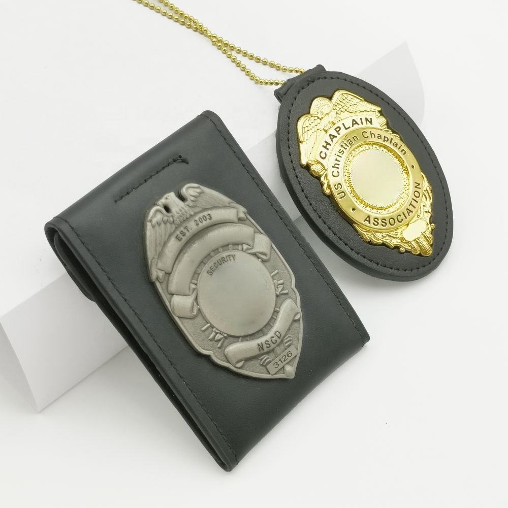 Guard Badge Holder Customized Logo 3D Plated Metal Security Badges PU Leather Card Holder Wallet With Badge