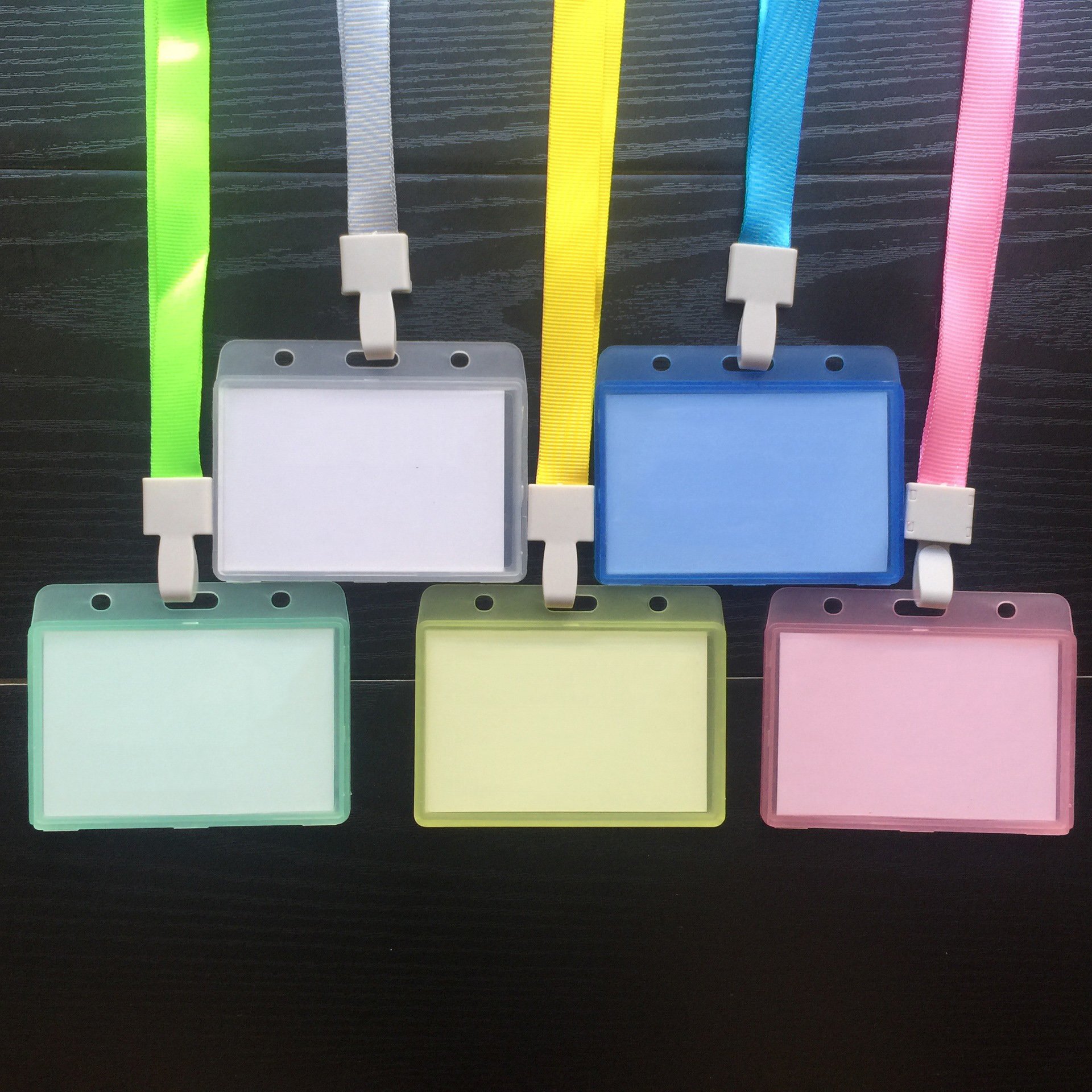 customized vertical frosted translucent hard plastic PP slim ID badge certificate card holder set with same color strap lanyard