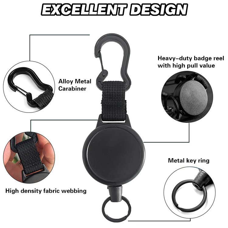 P-085 Custom Logo 5CM Heavy Duty Retractable Badge Reel Holder Climbing Anti loss Tool Holder with Extendable Metal Keychain