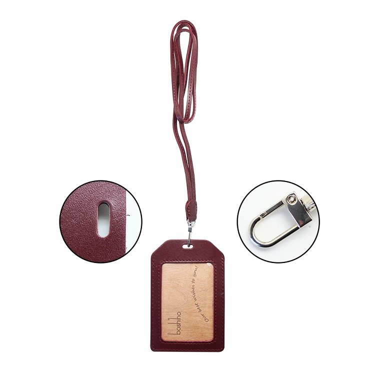 Boshiho genuine leather lanyard holder business card horizontal school security badge holder with lanyard