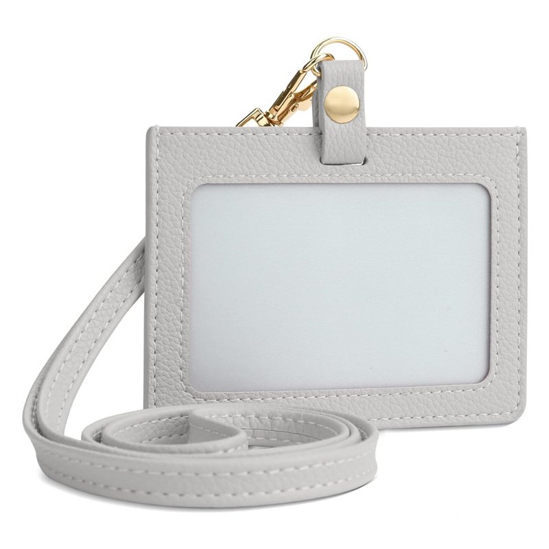 Customized Pebbled Leather Badge Card Holder Lanyard Business ID Card Holder with Detachable Strap