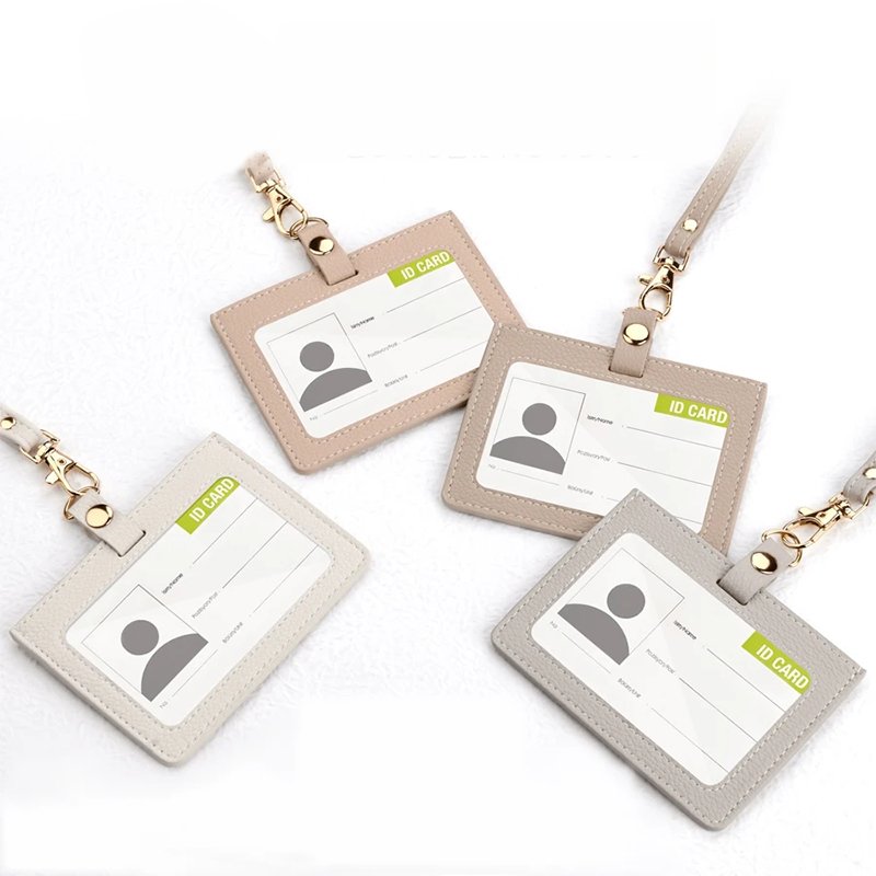 Customized Pebbled Leather Badge Card Holder Lanyard Business ID Card Holder with Detachable Strap