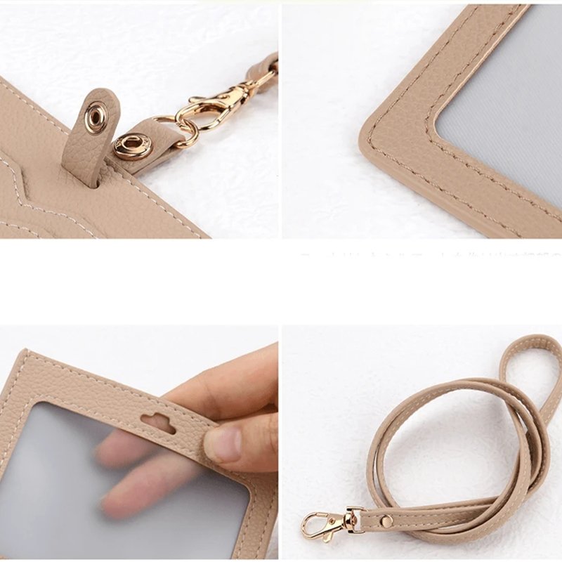 Customized Pebbled Leather Badge Card Holder Lanyard Business ID Card Holder with Detachable Strap
