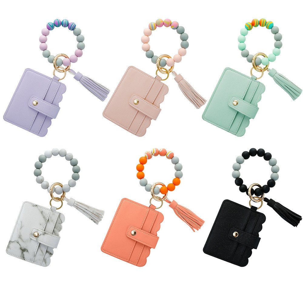PU Leather Silicone Wallet Women Leather Tassel Keychain luminous Silicone Beaded Bracelet Keychain Card Holder