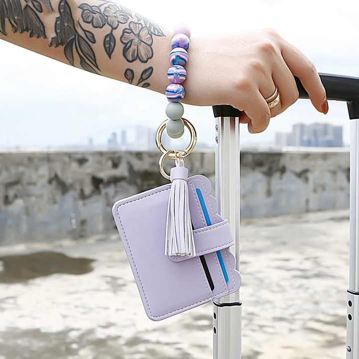 PU Leather Silicone Wallet Women Leather Tassel Keychain luminous Silicone Beaded Bracelet Keychain Card Holder