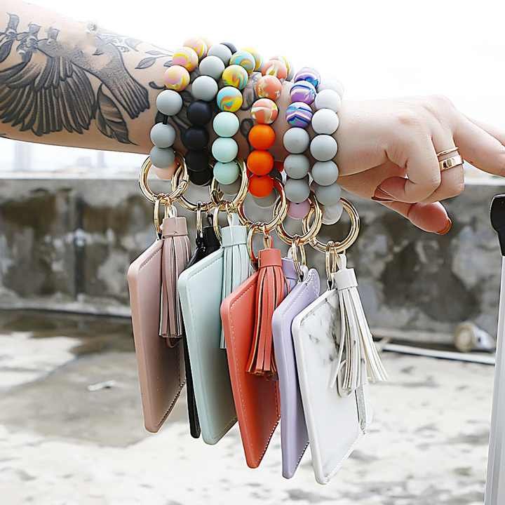 PU Leather Silicone Wallet Women Leather Tassel Keychain luminous Silicone Beaded Bracelet Keychain Card Holder