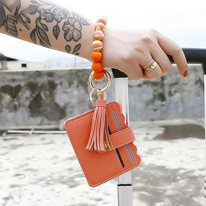 PU Leather Silicone Wallet Women Leather Tassel Keychain luminous Silicone Beaded Bracelet Keychain Card Holder
