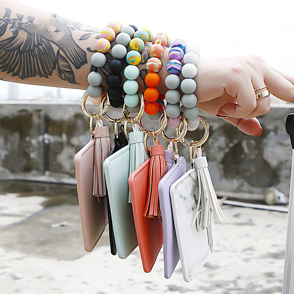 PU Leather Silicone Wallet Women Leather Tassel Keychain luminous Silicone Beaded Bracelet Keychain Card Holder