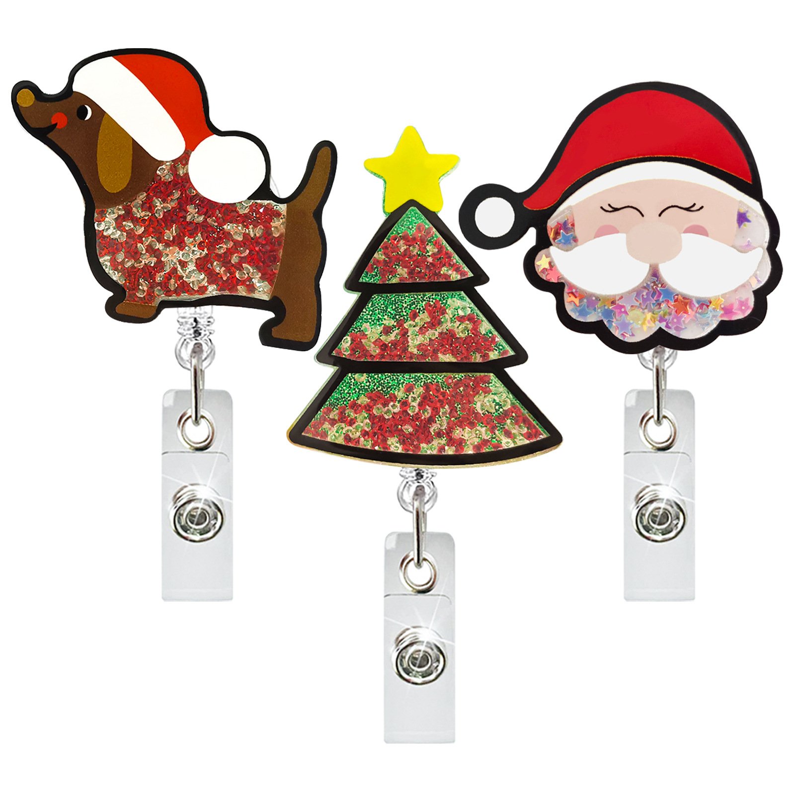 Christmas Acrylic Quicksand Christmas Dog Old Man Christmas Tree Rotating Gift Retractable Badge Scroll Holder