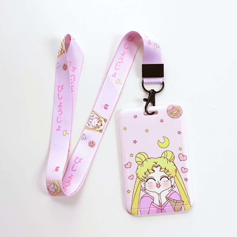 Hot Sale Cartoon Kawaii Sailor Moon ID Badges Card Holder with Lanyard ABS Sliding Cover Plastic Case Badge Holder for Gifts