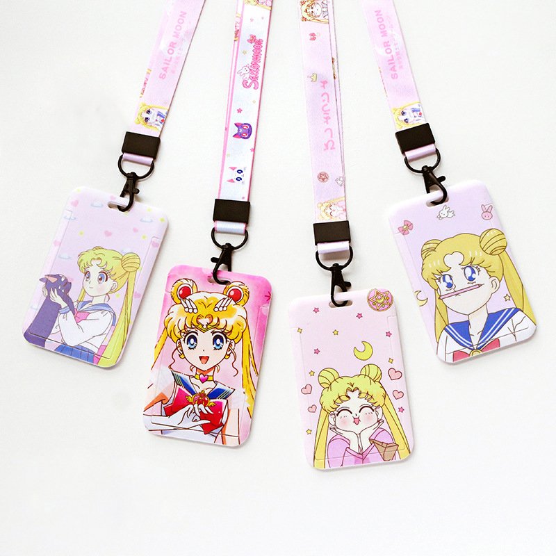 Hot Sale Cartoon Kawaii Sailor Moon ID Badges Card Holder with Lanyard ABS Sliding Cover Plastic Case Badge Holder for Gifts