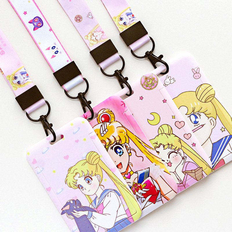 Hot Sale Cartoon Kawaii Sailor Moon ID Badges Card Holder with Lanyard ABS Sliding Cover Plastic Case Badge Holder for Gifts