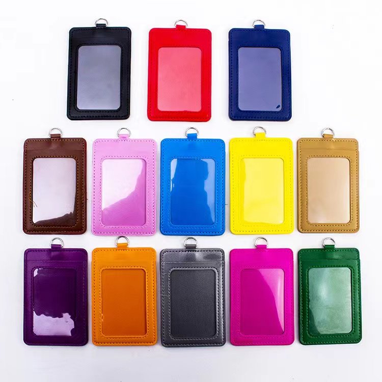 bus bank subway work ID card retractable buckle lanyard pu leather card holder