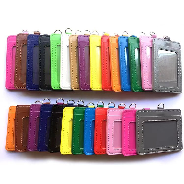 bus bank subway work ID card retractable buckle lanyard pu leather card holder
