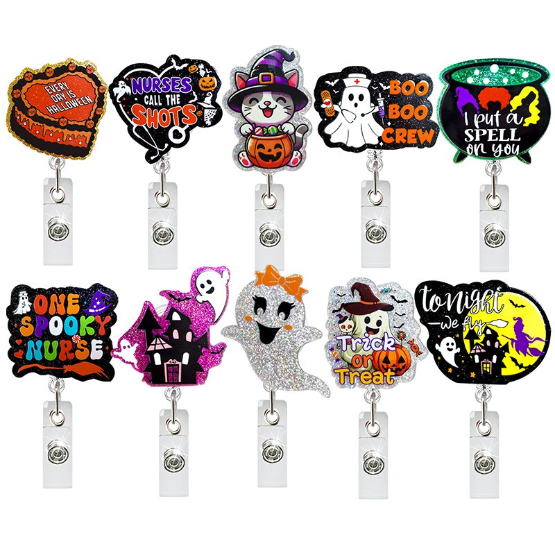 Wholesale New Acrylic Glitter Halloween Patch Collection Spooky Pumpkin Cat ID Card Retractable Badge Reel Holder With Clip