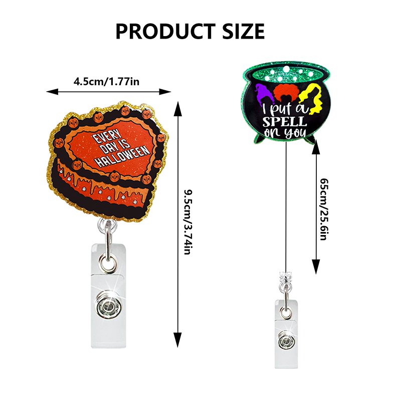 Wholesale New Acrylic Glitter Halloween Patch Collection Spooky Pumpkin Cat ID Card Retractable Badge Reel Holder With Clip