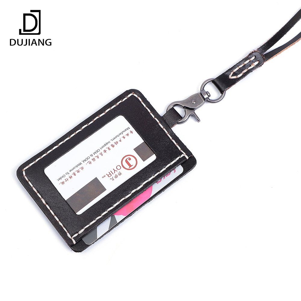 DUJIANG Leather ID Badge Card Money Coin Lanyard Necklace Holder Work Permit Card Holder Fashion Id Badge Case