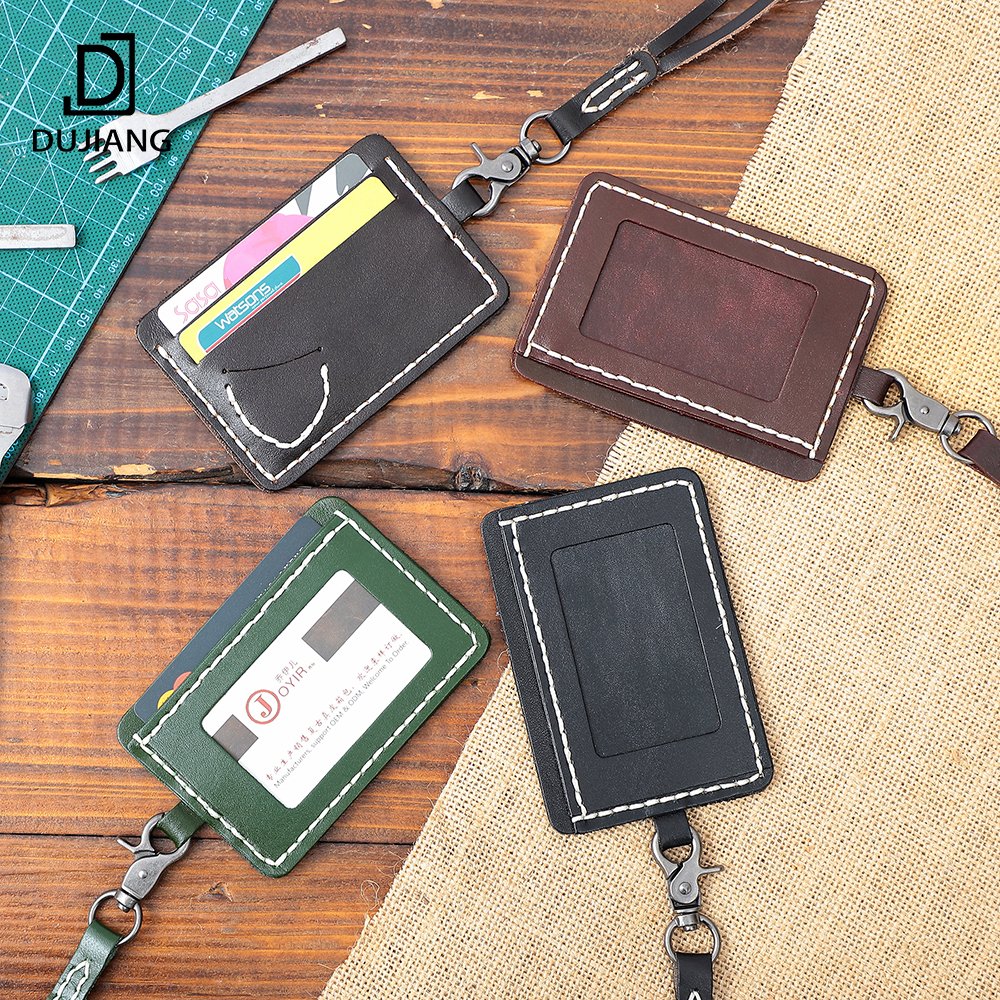 DUJIANG Leather ID Badge Card Money Coin Lanyard Necklace Holder Work Permit Card Holder Fashion Id Badge Case