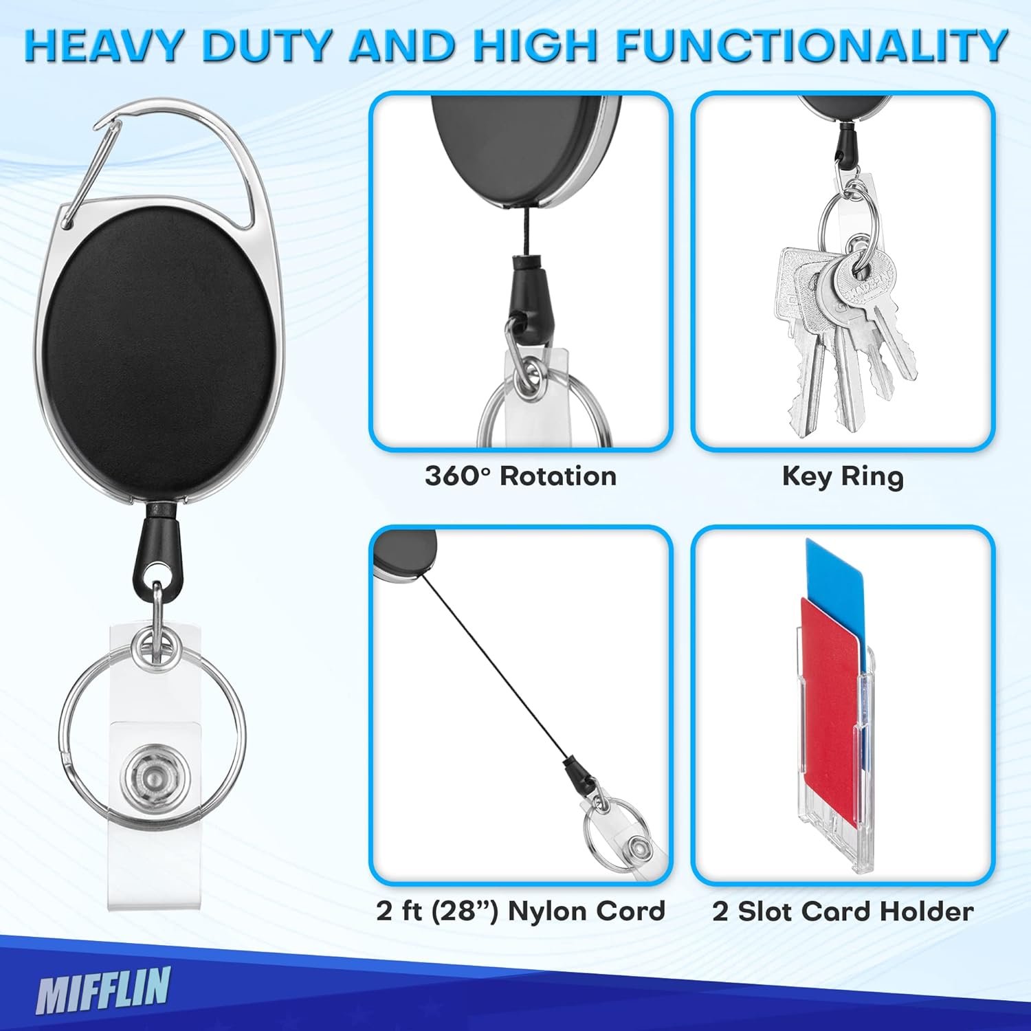 Mifflin Clear 2-Pack Rigid ID Badge Holder Retractable Reel Clip Horizontal Vertical Heavy Duty Name Card Magnesia Crafts