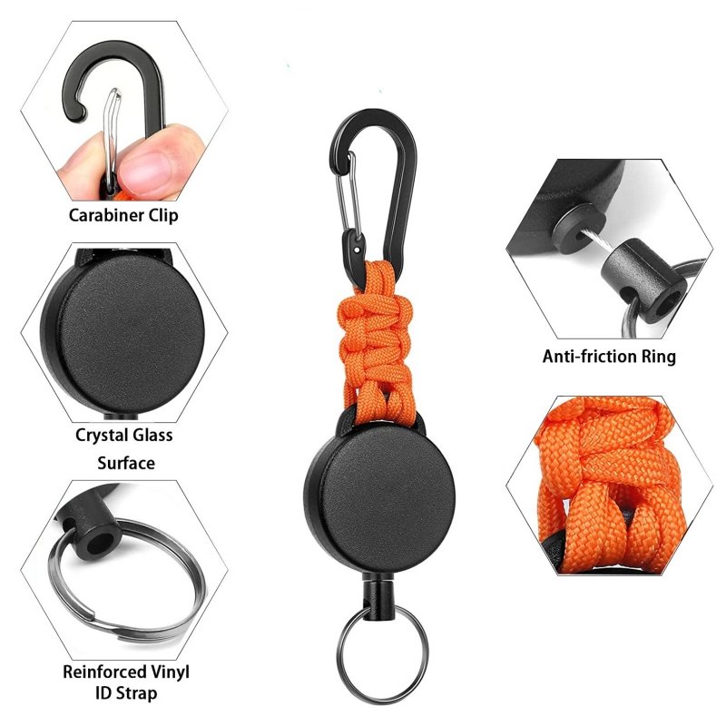 High Stretch Easy To Pull Black Plastic Round Retractable ID Badge Holder Key Ring Carabiner Keychain Paracord Rope Keychain