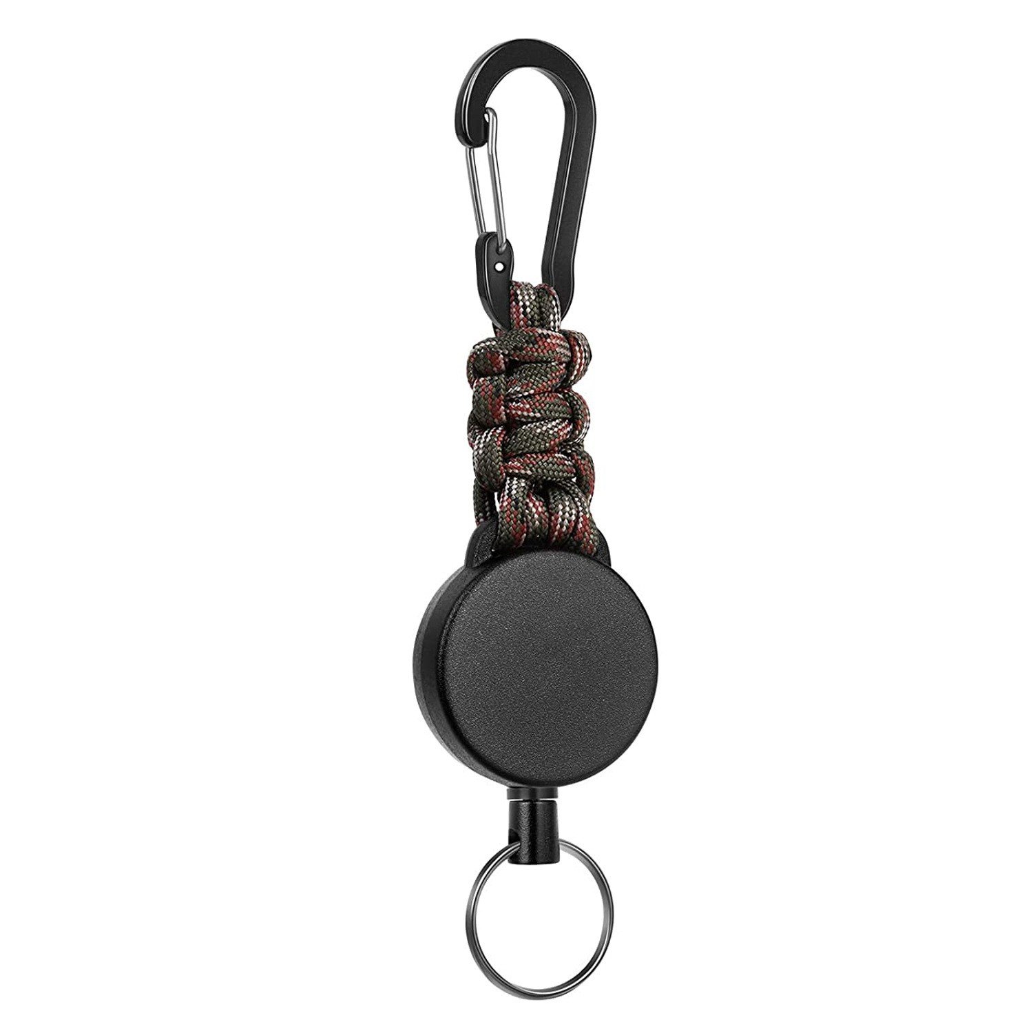 High Stretch Easy To Pull Black Plastic Round Retractable ID Badge Holder Key Ring Carabiner Keychain Paracord Rope Keychain