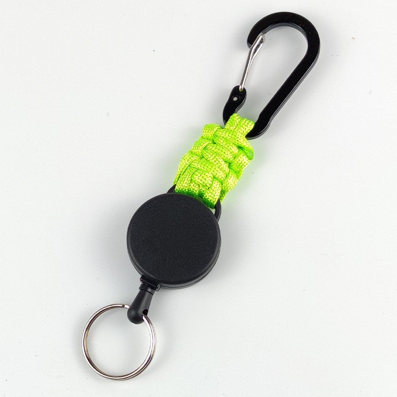 High Stretch Easy To Pull Black Plastic Round Retractable ID Badge Holder Key Ring Carabiner Keychain Paracord Rope Keychain