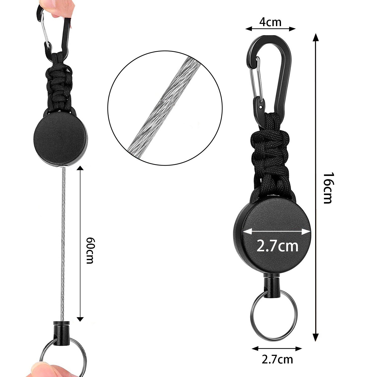 High Stretch Easy To Pull Black Plastic Round Retractable ID Badge Holder Key Ring Carabiner Keychain Paracord Rope Keychain