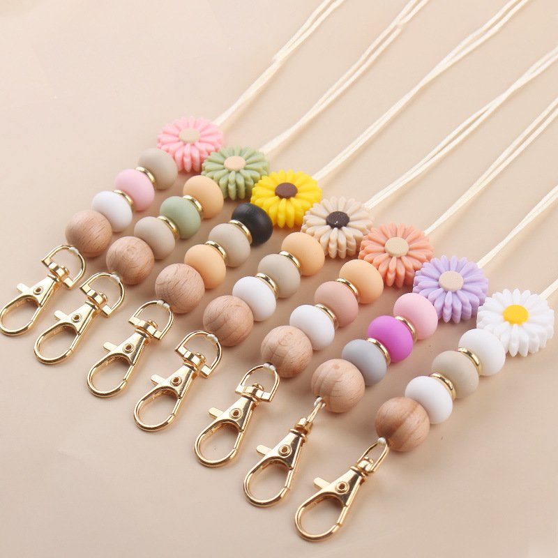 Bohemian Daisy Bead Keychain Badge Holder Cute Flower Silicone Key Ring Lanyard With Clip For Teachers Students Gift Idea