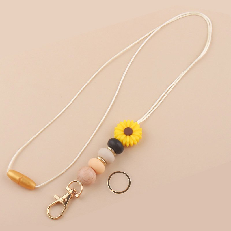 Bohemian Daisy Bead Keychain Badge Holder Cute Flower Silicone Key Ring Lanyard With Clip For Teachers Students Gift Idea