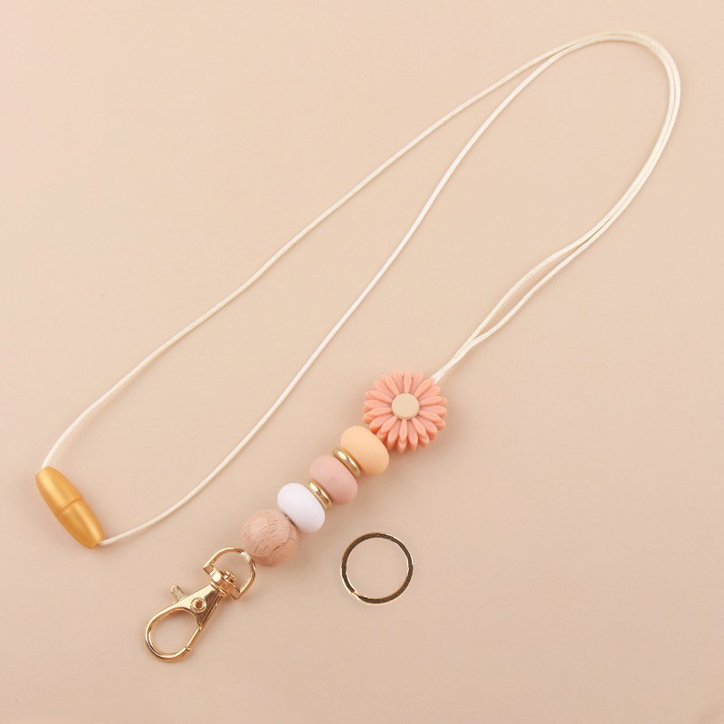 Bohemian Daisy Bead Keychain Badge Holder Cute Flower Silicone Key Ring Lanyard With Clip For Teachers Students Gift Idea