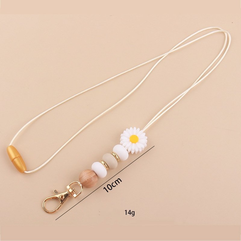 Bohemian Daisy Bead Keychain Badge Holder Cute Flower Silicone Key Ring Lanyard With Clip For Teachers Students Gift Idea