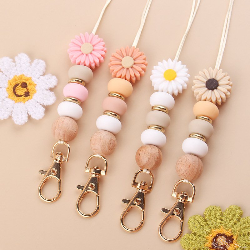 Bohemian Daisy Bead Keychain Badge Holder Cute Flower Silicone Key Ring Lanyard With Clip For Teachers Students Gift Idea